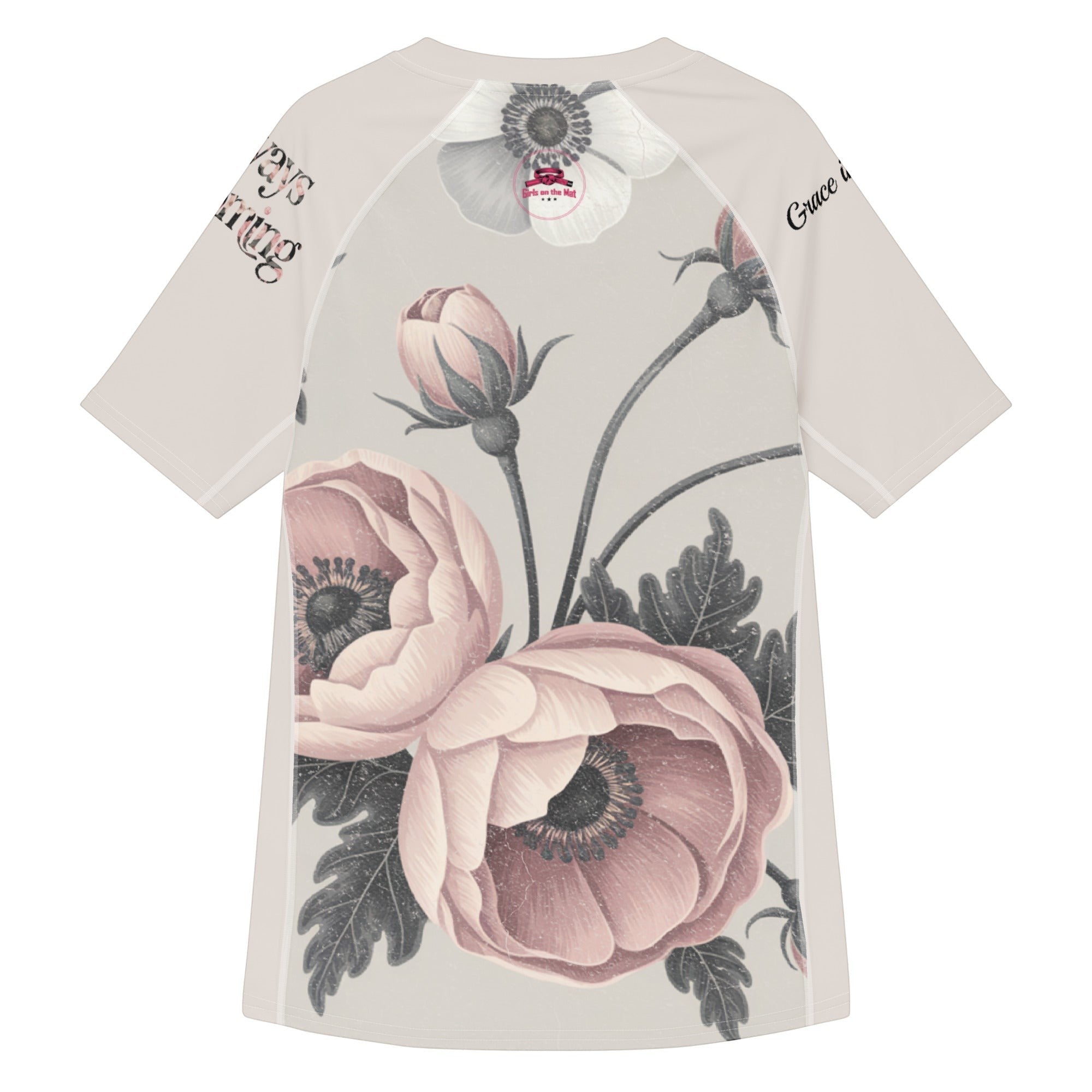 Roll Gear Always Blooming Women's Short Sleeve Rash Guard, flat front view, Girls on the Mat badge and anemone print.