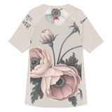 Roll Gear women's short sleeve rash guard with a vintage floral print in pink and grey. Features UPF 50+ protection.