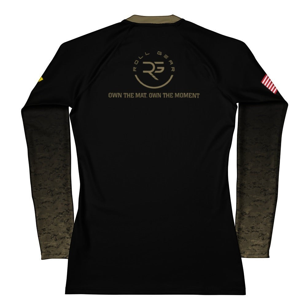 Roll Gear Women’s Marines “Gold” Military Rash Guard – Black & Faded Gold, flat back view, Roll Gear emblem.
