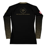 Roll Gear Women's black long sleeve rash guard with faded gold sleeves and USMC emblem. Compression fit.