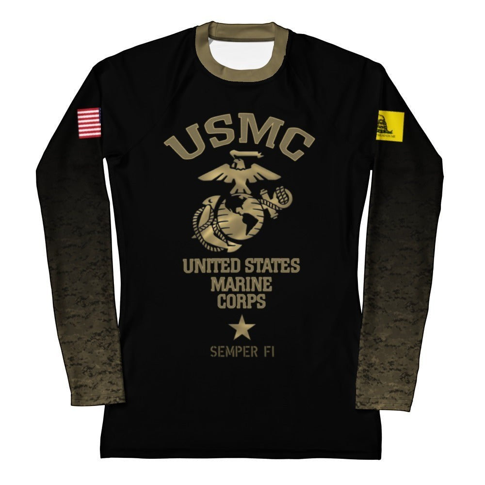 Roll Gear Women’s Marines “Gold” Military Rash Guard – Black & Faded Gold, flat front view, USMC emblem and Semper Fi.