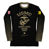 Roll Gear Women’s black long sleeve rash guard with faded gold sleeves and USMC emblem. Made from recycled polyester and elastane.