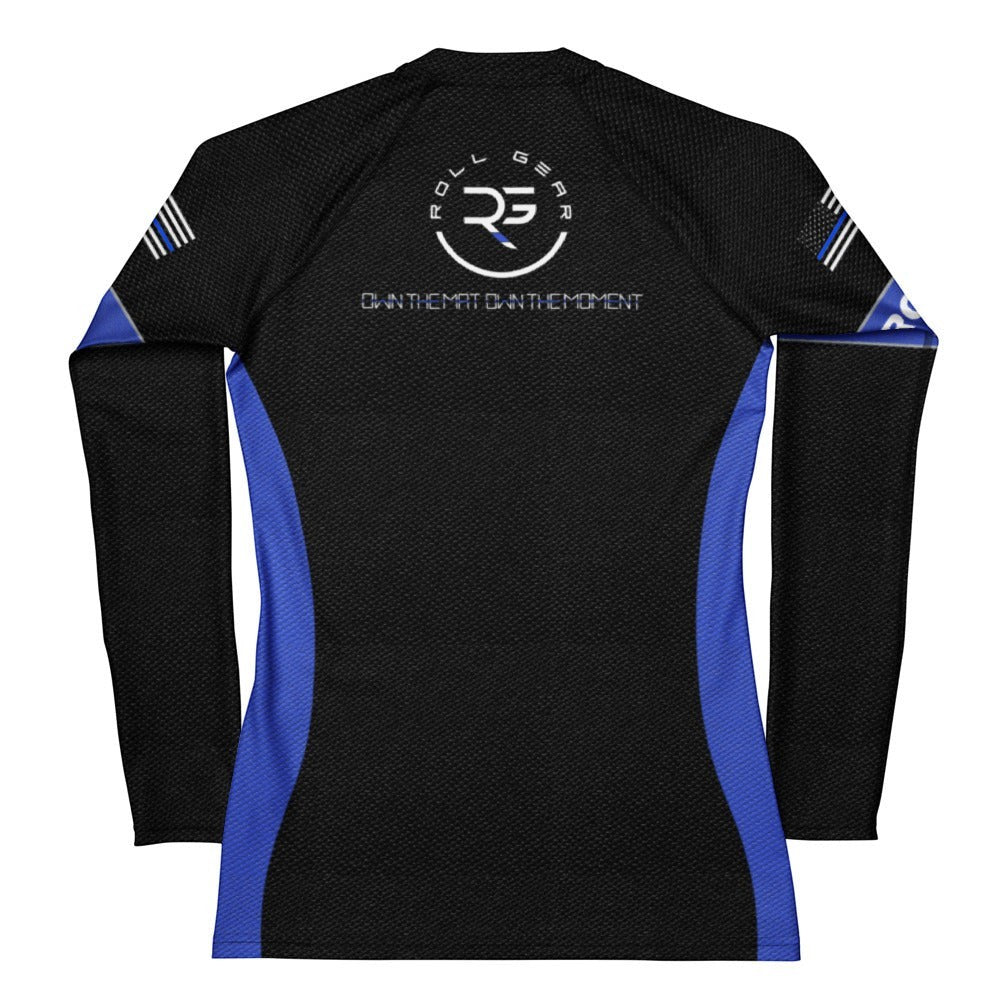 Roll Gear Women's Police Edition long sleeve rash guard in black with blue accents and "POLICE" lettering. Premium compression fit.