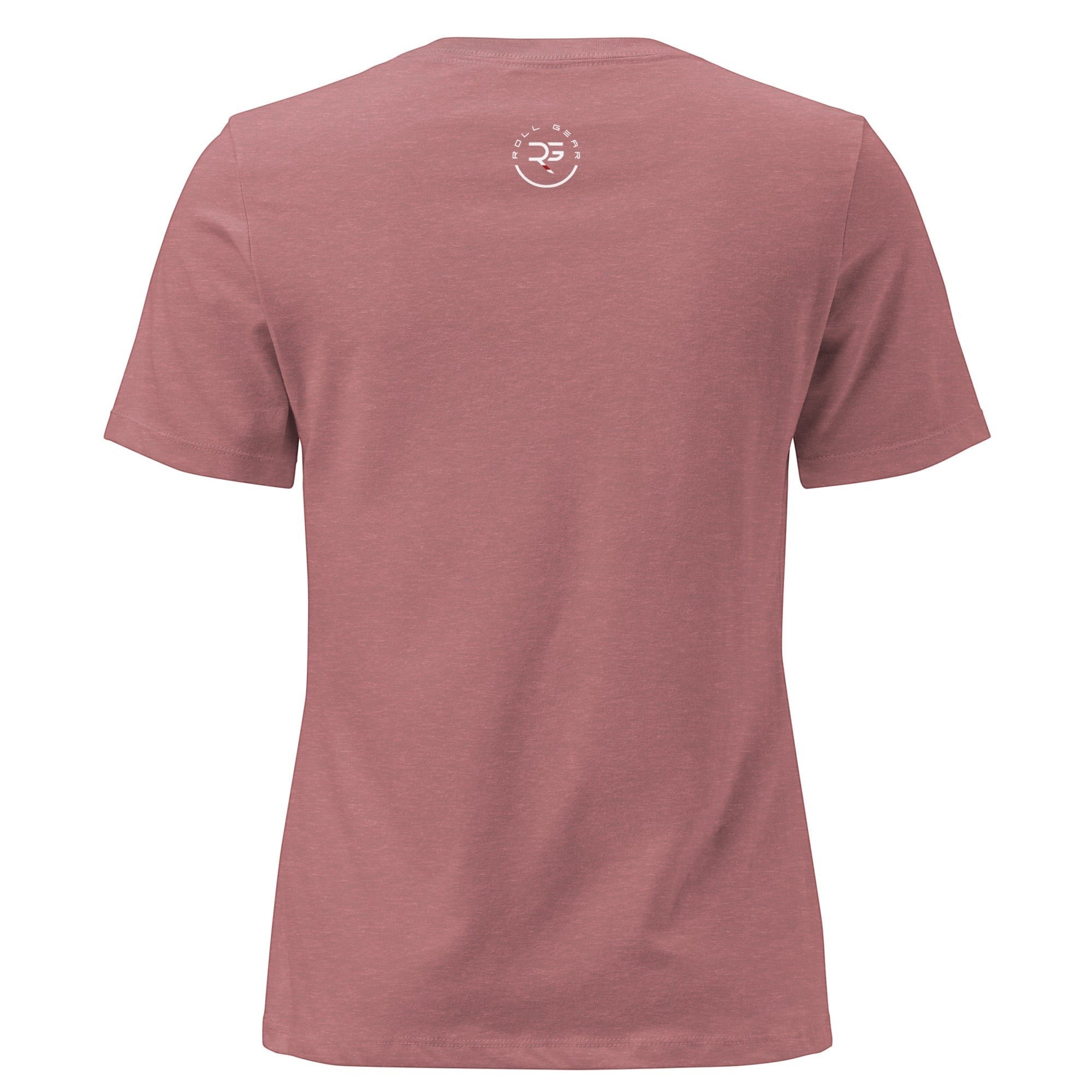 Roll Gear women's relaxed fit crew neck tee in dusty rose pink, 100% cotton with small logo on back.