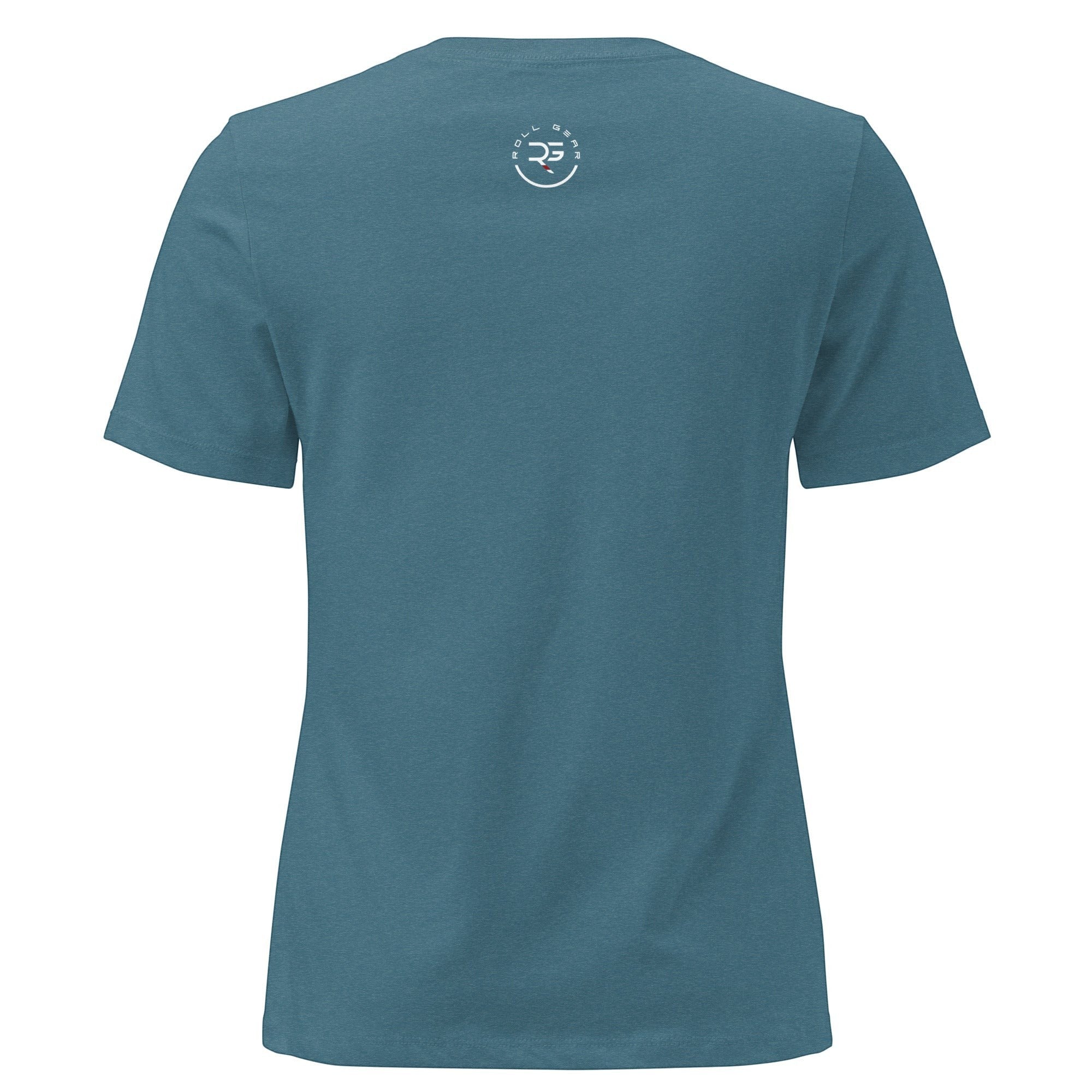 Roll Gear women's relaxed fit teal cotton t-shirt with small white logo on back neck