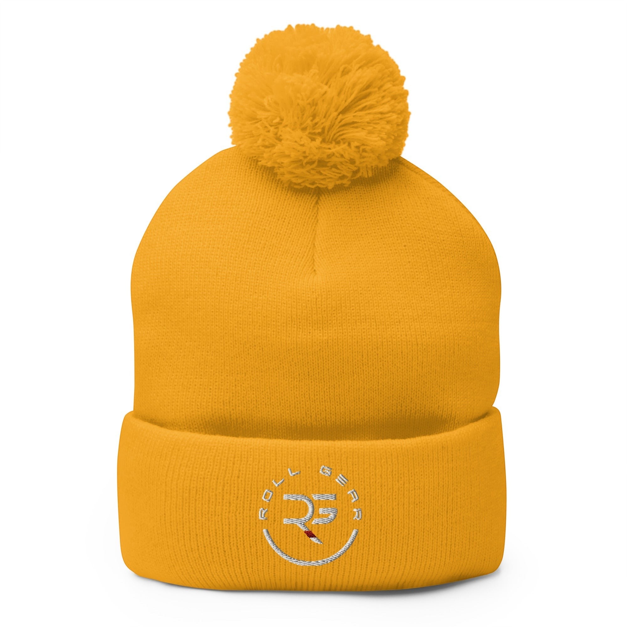 Roll Gear yellow acrylic pom pom beanie hat with embroidered logo on cuff