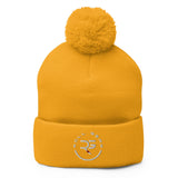 Roll Gear yellow acrylic pom pom beanie hat with embroidered logo on cuff