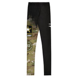 Roll Gear Youth Army Compression Spats in black camo with Army graphics. Split design with tactical black and military camo.
