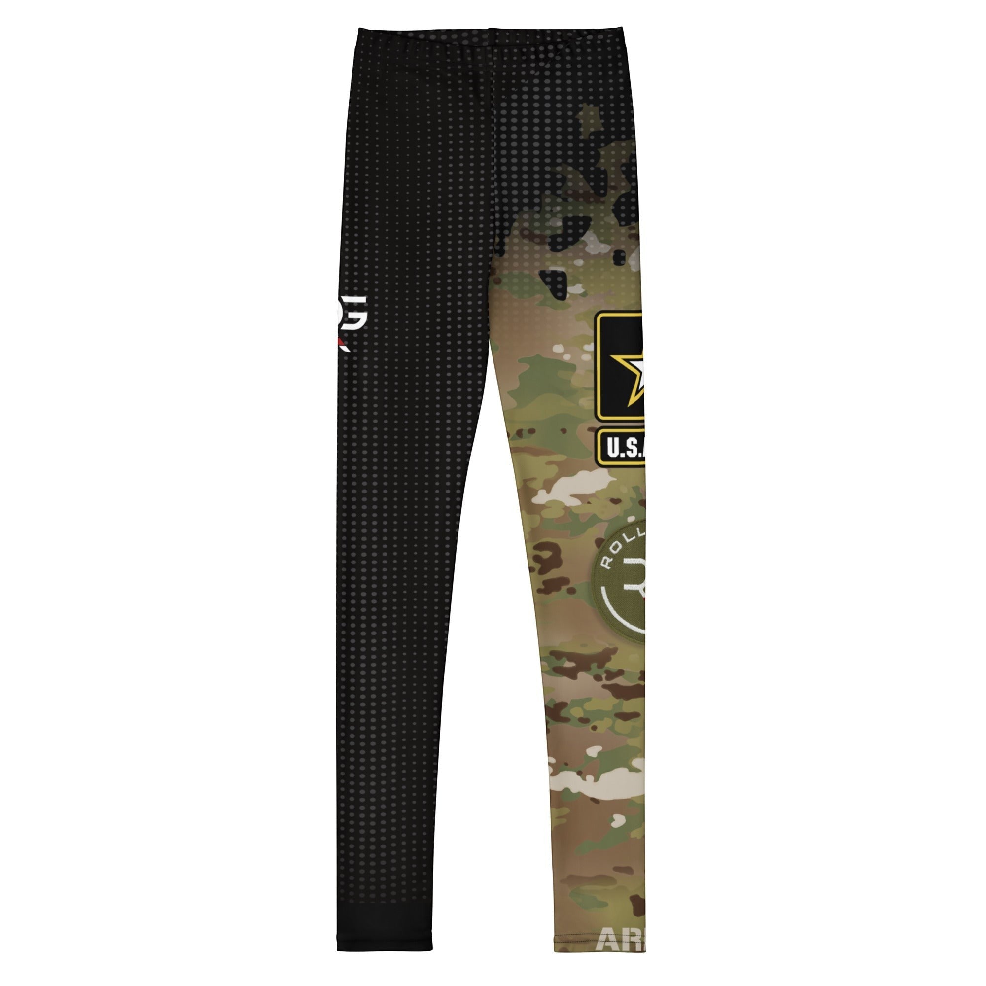 Roll Gear Youth Army Compression Spats in black camo with U.S. Army logo and graphics. Performance leggings for sports.
