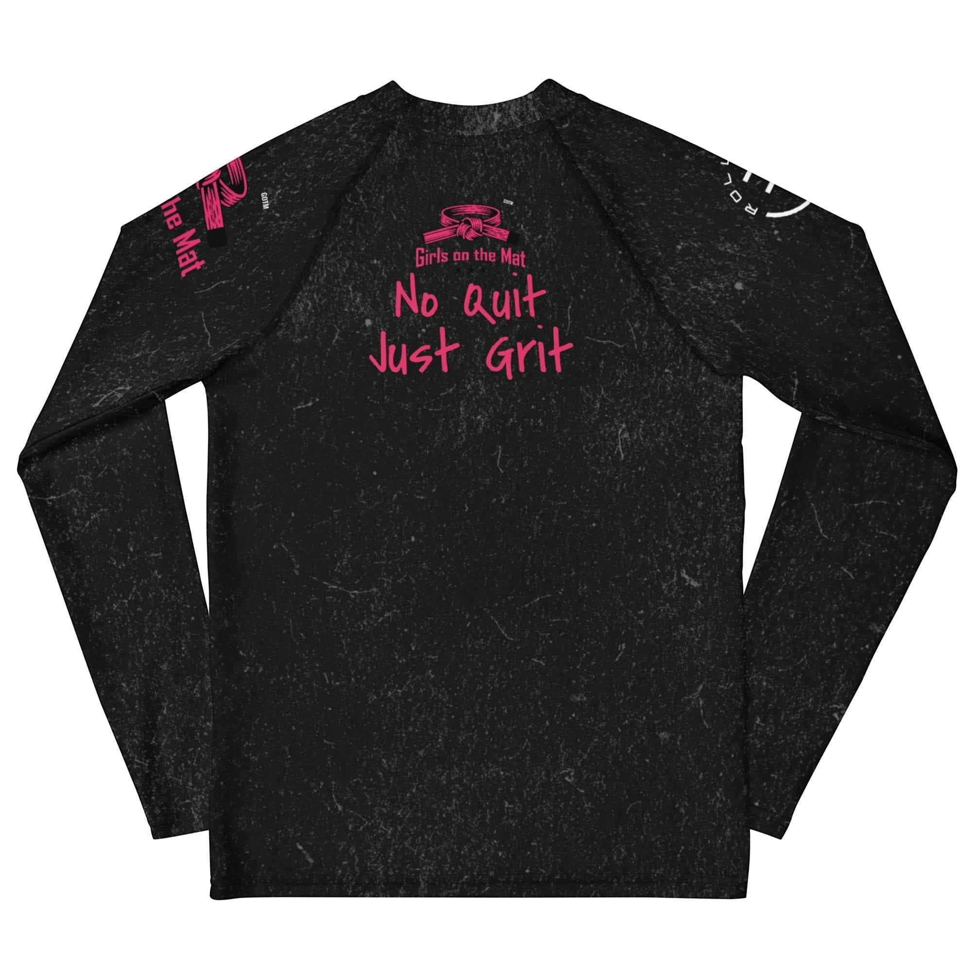 Roll Gear Tap Hype – Pink Edition Youth Long-Sleeve BJJ Rash Guard, pink No Quit Just Grit graphic and belt design.