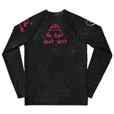 Roll Gear black long-sleeve youth BJJ rash guard with pink "No Quit Just Grit" graphic and belt design.