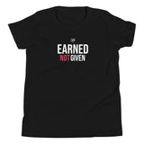 Roll Gear Youth Earned Not Given T-Shirt in black with white and red text graphic. Short sleeve, crew neck.