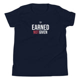 Roll Gear Youth Earned Not Given T-Shirt in navy blue. Features bold white and red text graphic.
