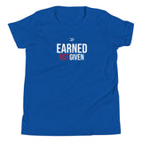 Roll Gear Youth Earned Not Given T-Shirt in royal blue with white and red text graphic. Short sleeve, crew neck.