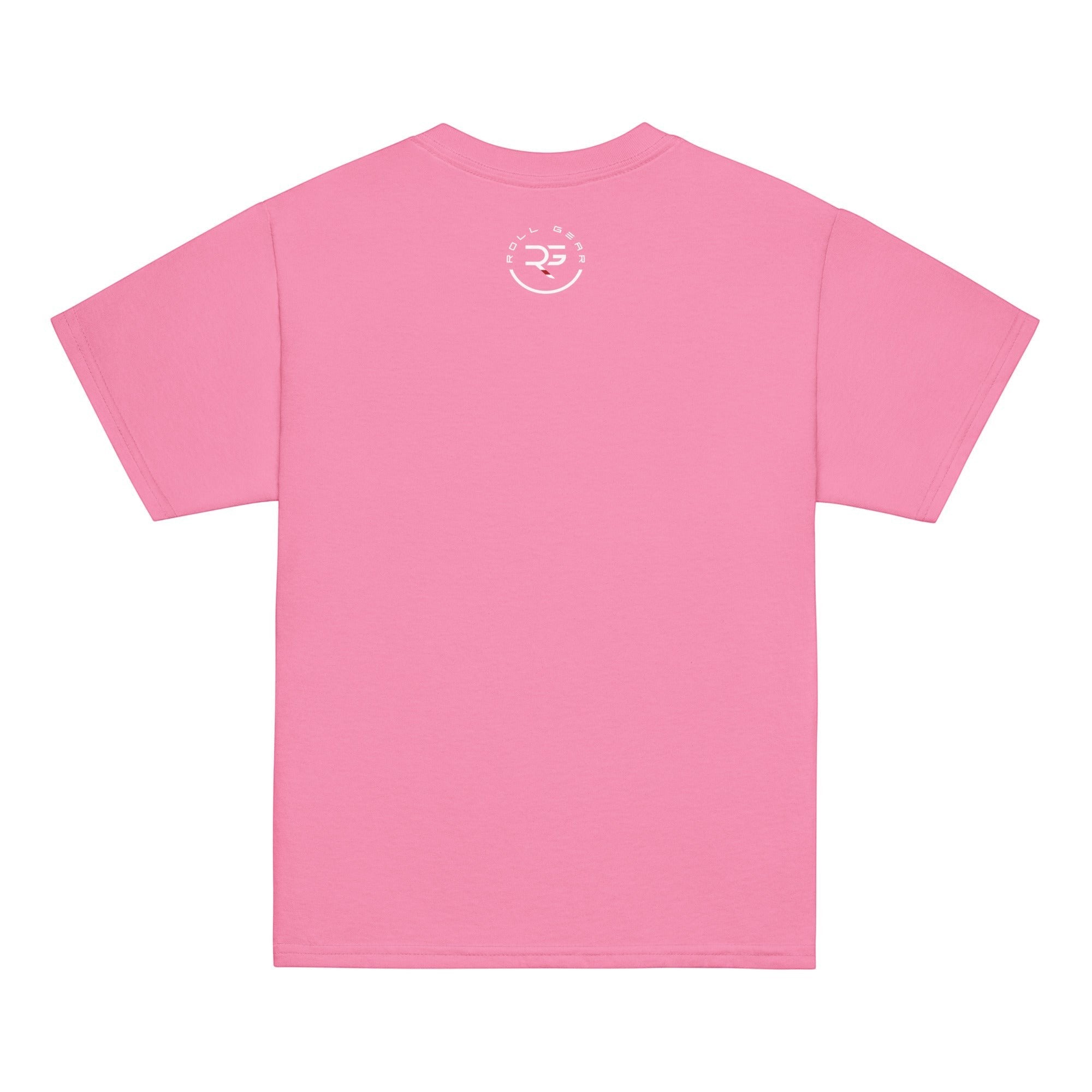 Roll Gear youth unisex classic fit 100% cotton pink t-shirt with "Earned Not Given" graphic on back.