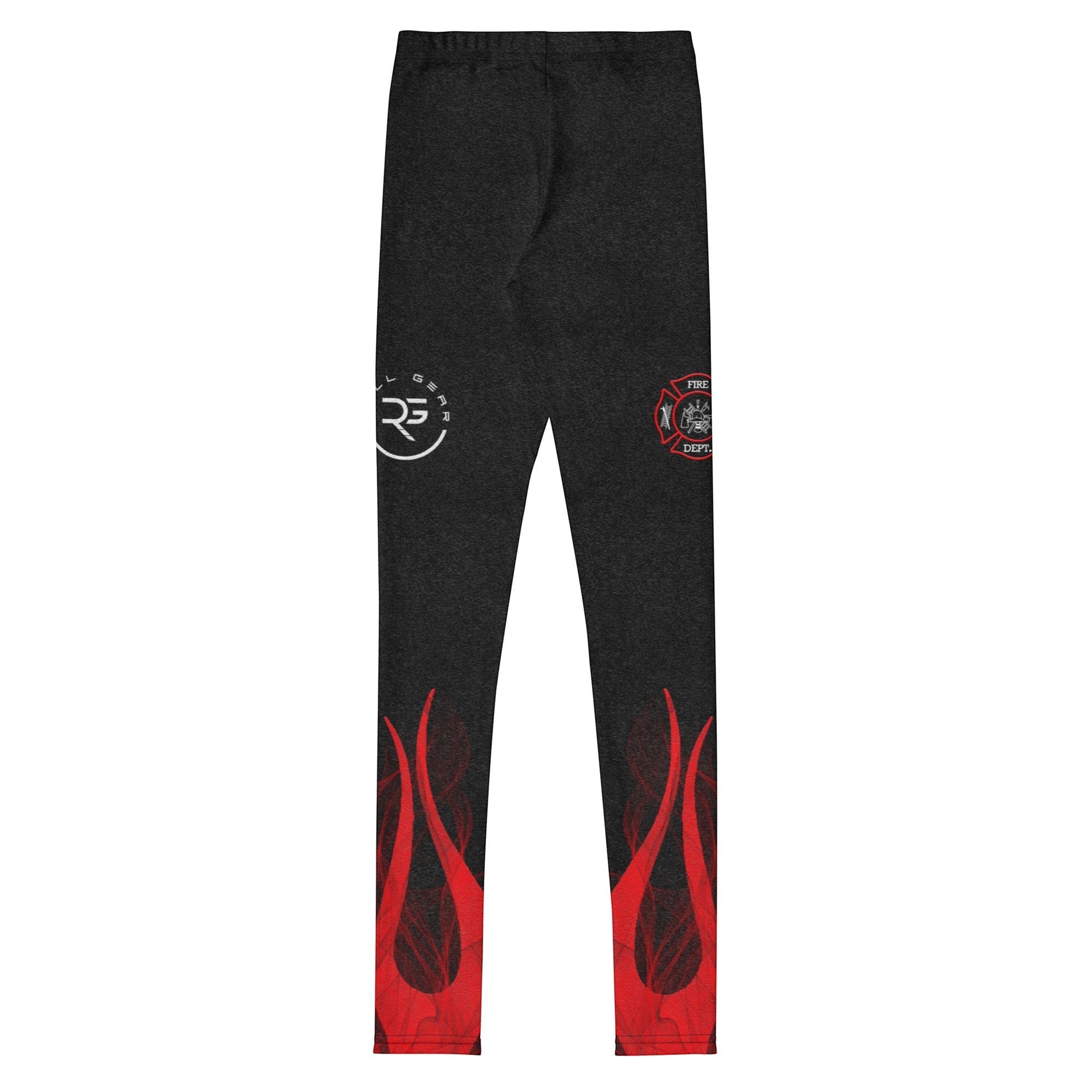 Roll Gear youth compression spats in black with red flames and fire department logo. Made of polyester and spandex.