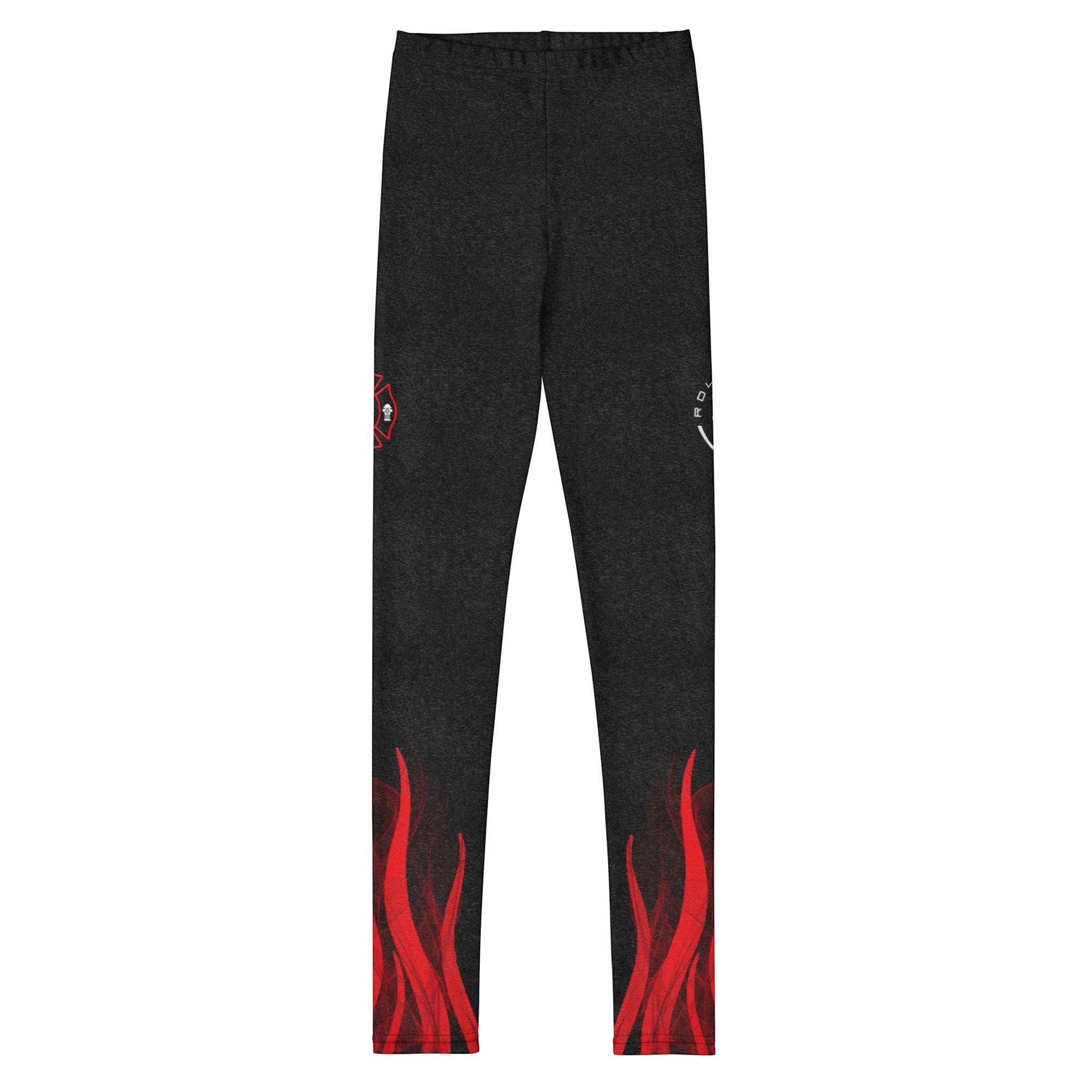 Roll Gear Youth Fire Department compression spats in black with red flame graphics and fire service detailing. Made from polyester and spandex.