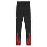 Roll Gear Youth Fire Department compression spats in black with red flame graphics and fire service detailing. Made from polyester and spandex.