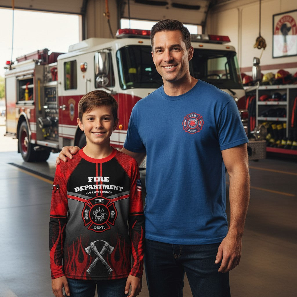 Roll Gear Youth Fire Department long sleeve rash guard in red, black, and smoke grey with flame graphics and Maltese Cross emblem.