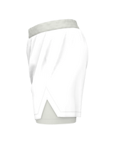 Roll Gear youth white grappling shorts with grey waistband and side slits, ideal for BJJ and wrestling.