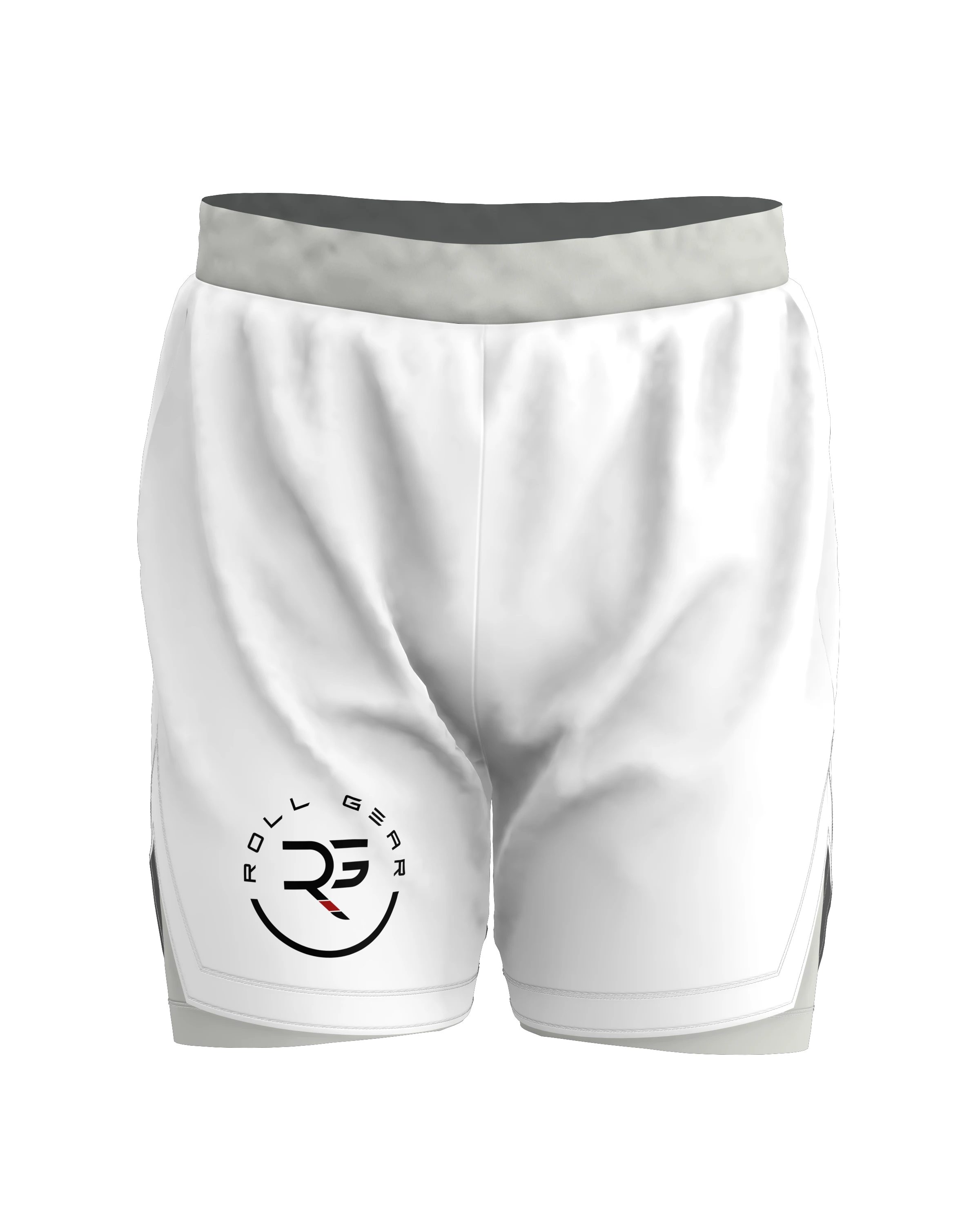 Roll Gear youth white grappling shorts with grey waistband and side panels, featuring the Roll Gear logo.