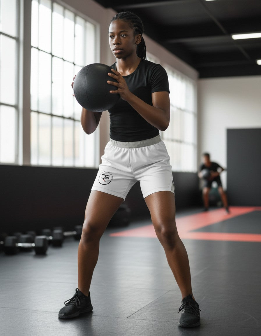 Roll Gear youth white grappling shorts with grey waistband and side panels, featuring the Roll Gear logo.