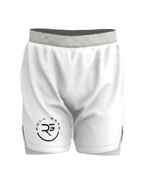 Roll Gear youth white grappling shorts with grey waistband and side panels, featuring the Roll Gear logo.