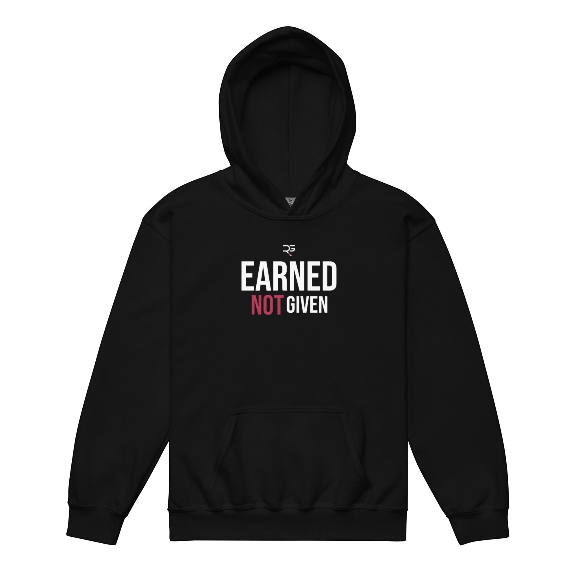 Roll Gear black heavyweight youth hoodie with "Earned Not Given" graphic print and front pouch pocket.