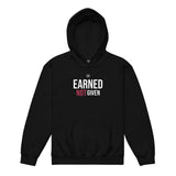 Roll Gear black heavyweight youth hoodie with "Earned Not Given" graphic print and front pouch pocket.