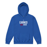 Roll Gear blue heavyweight cotton-blend youth hoodie with "Earned Not Given" graphic print on chest.