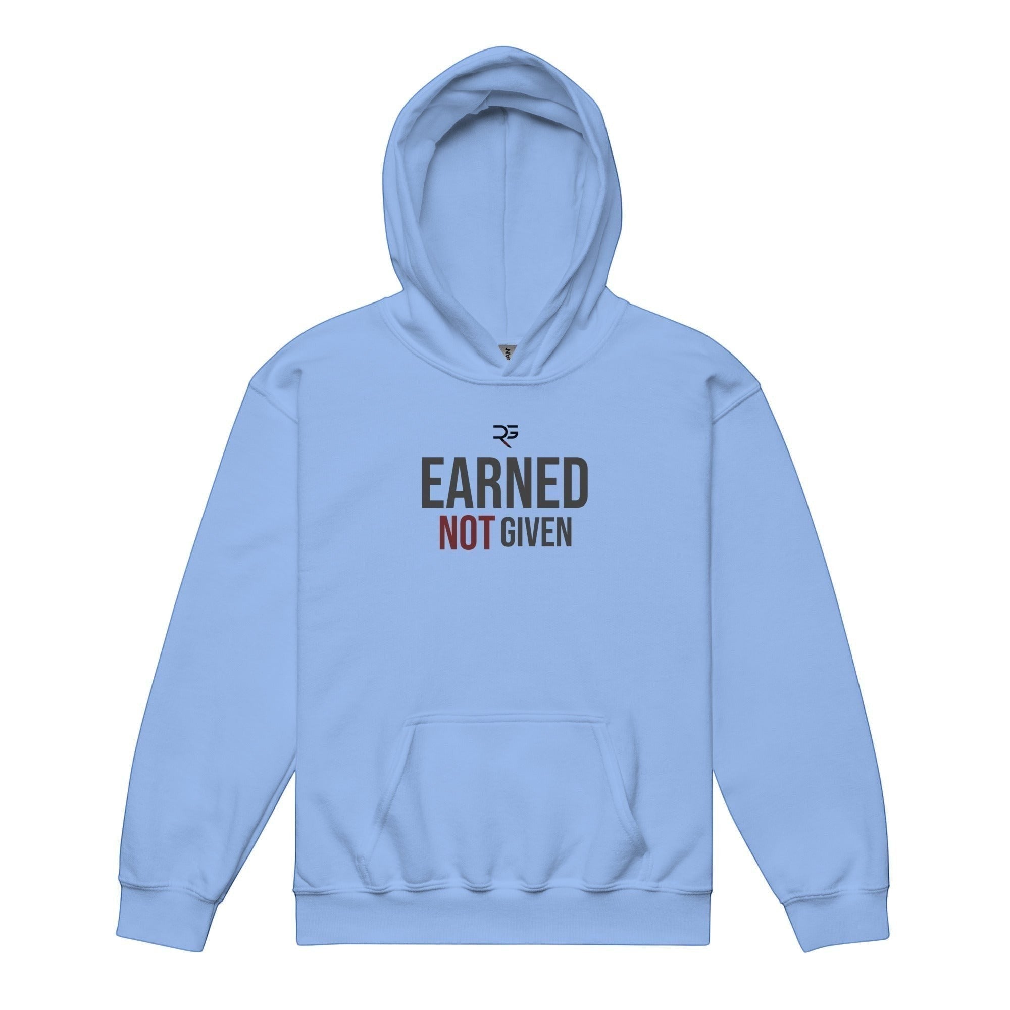 Roll Gear light blue heavyweight cotton-polyester blend youth hoodie with "EARNED NOT GIVEN" graphic print.