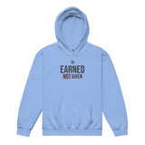 Roll Gear light blue heavyweight cotton-polyester blend youth hoodie with "EARNED NOT GIVEN" graphic print.