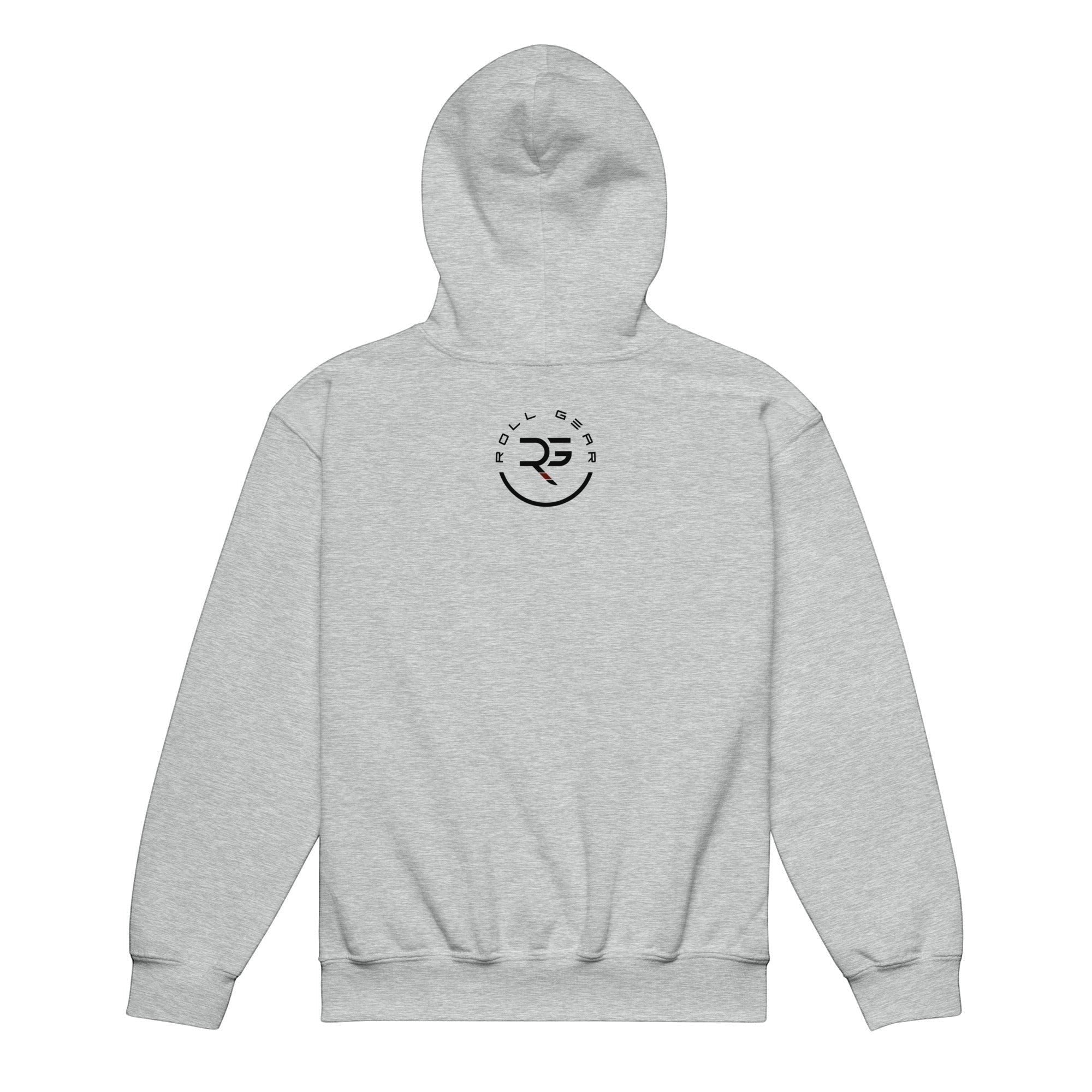 Roll Gear youth heavyweight hoodie in heather grey, 50% cotton/50% polyester, with a double-lined hood and front pouch pocket.