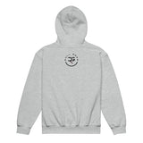 Roll Gear youth heavyweight hoodie in heather grey, 50% cotton/50% polyester, with a double-lined hood and front pouch pocket.