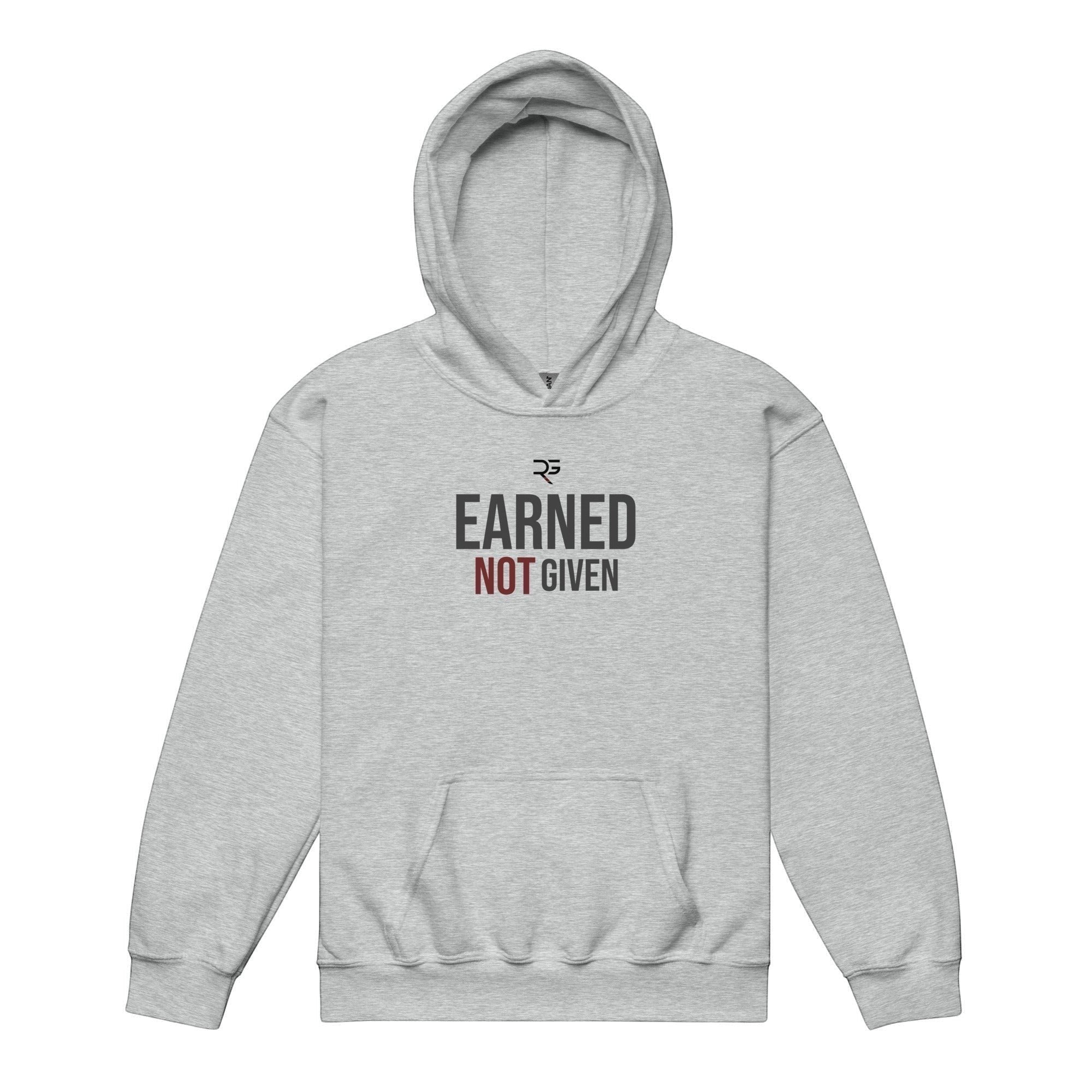 Roll Gear youth heavyweight grey hoodie with "Earned Not Given" graphic print on front. 50% cotton, 50% polyester.
