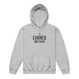 Roll Gear youth heavyweight grey hoodie with "Earned Not Given" graphic print on front. 50% cotton, 50% polyester.
