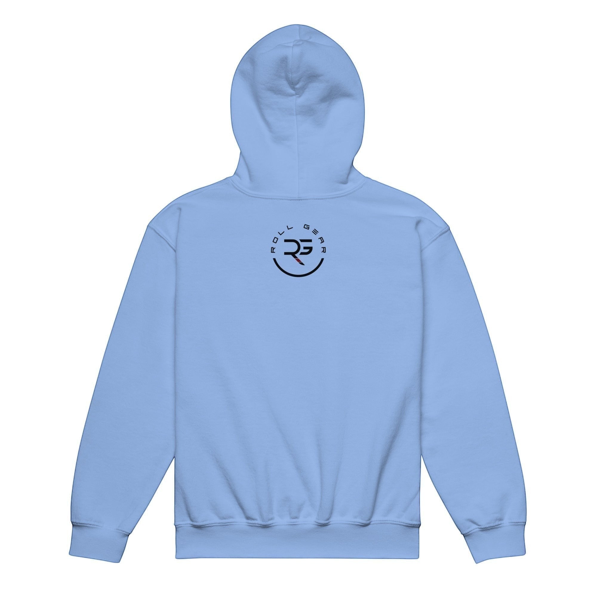 Roll Gear youth heavyweight hoodie in light blue. Features a double-lined hood and front pouch pocket. 50% cotton, 50% polyester.