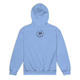 Roll Gear youth heavyweight hoodie in light blue. Features a double-lined hood and front pouch pocket. 50% cotton, 50% polyester.