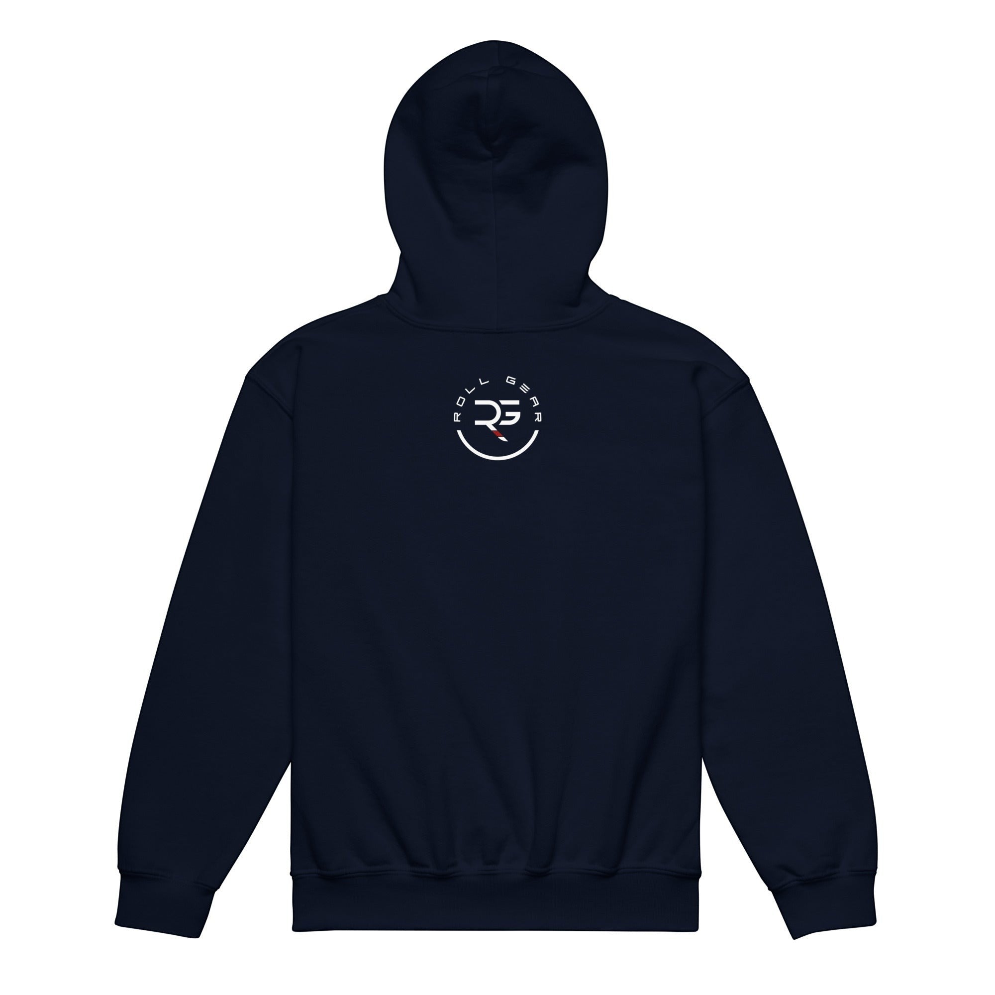Roll Gear youth heavyweight navy blue hoodie with "Earned Not Given" graphic on front and logo above. 50% cotton, 50% polyester.