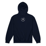Roll Gear youth heavyweight navy blue hoodie with "Earned Not Given" graphic on front and logo above. 50% cotton, 50% polyester.