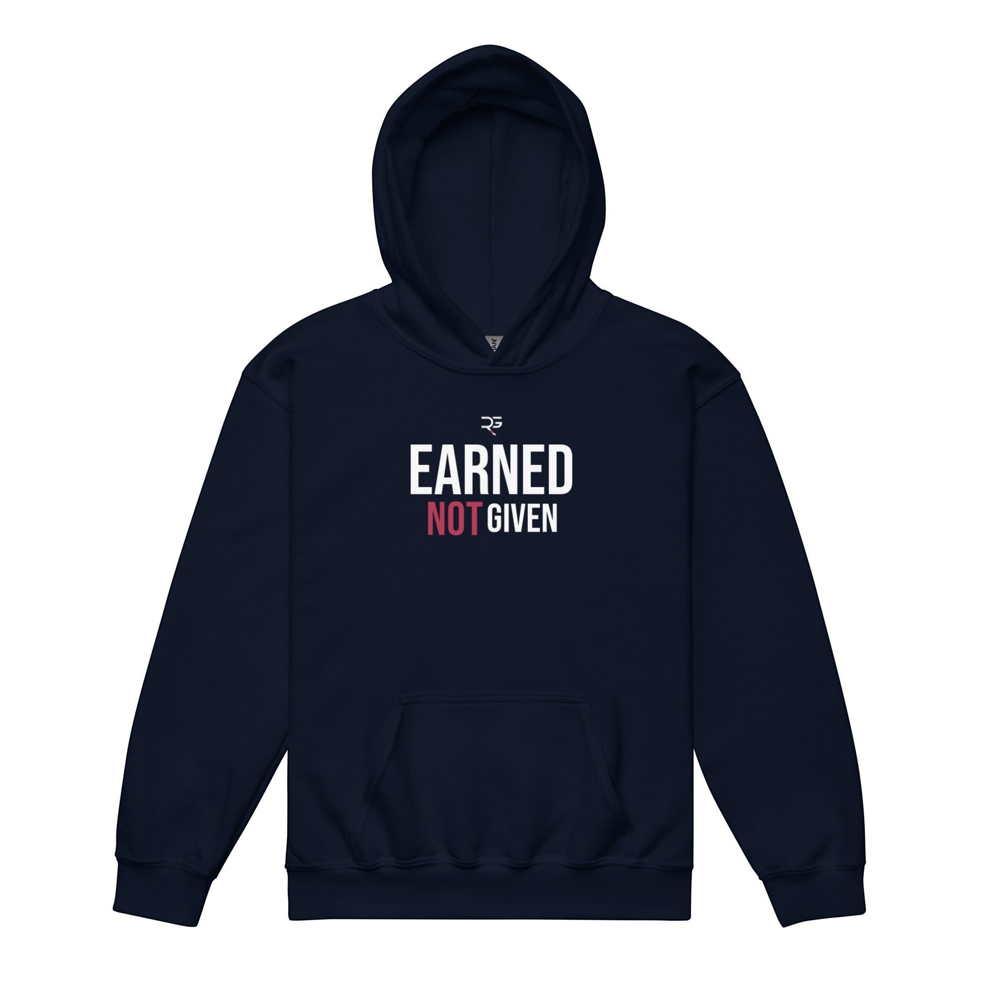 Roll Gear navy blue youth heavyweight hoodie with "Earned Not Given" graphic print on chest. 50% cotton, 50% polyester.
