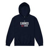 Roll Gear navy blue youth heavyweight hoodie with "Earned Not Given" graphic print on chest. 50% cotton, 50% polyester.