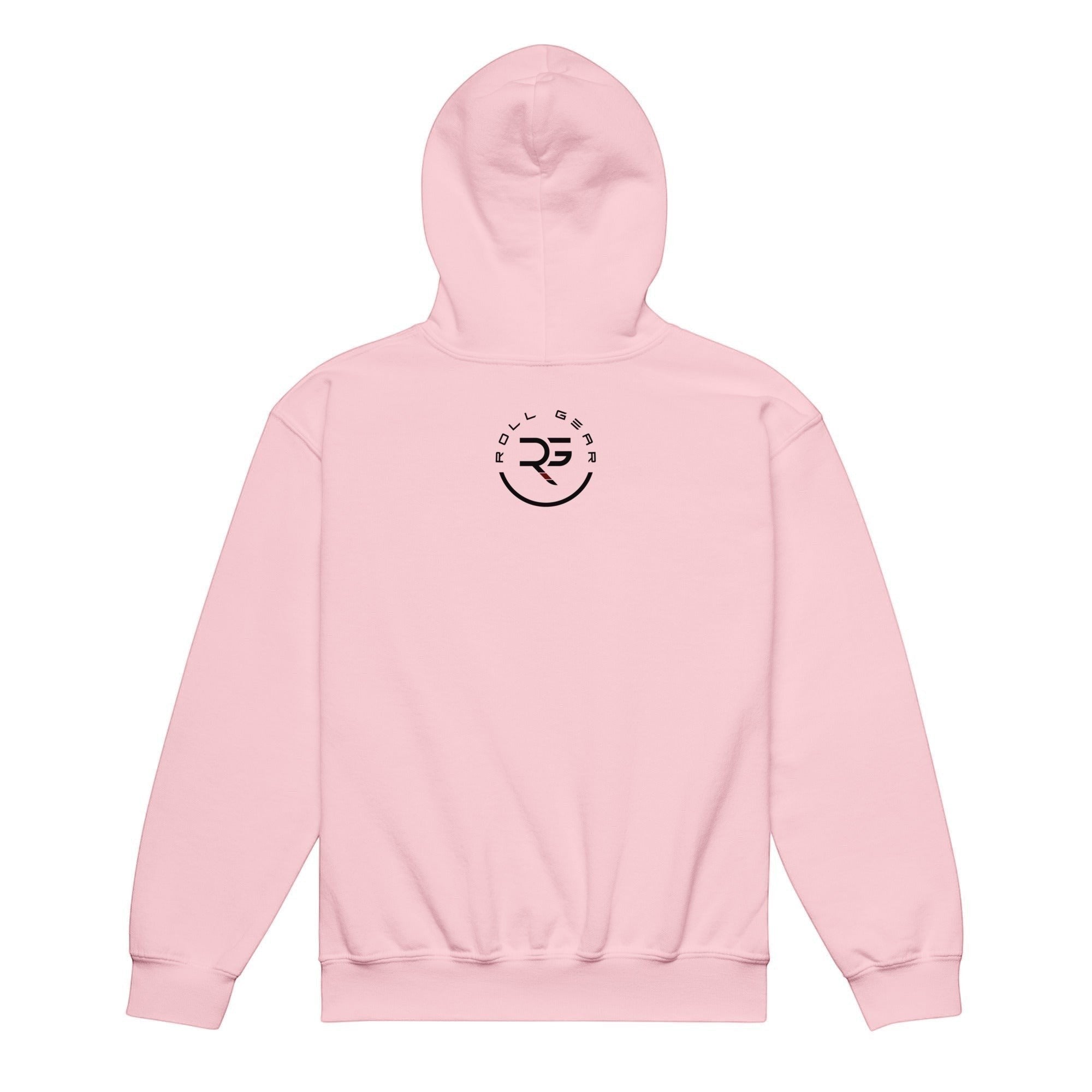 Roll Gear youth heavyweight pink hoodie with a black circular logo on the back. Made of 50% cotton, 50% polyester.