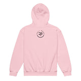 Roll Gear youth heavyweight pink hoodie with a black circular logo on the back. Made of 50% cotton, 50% polyester.