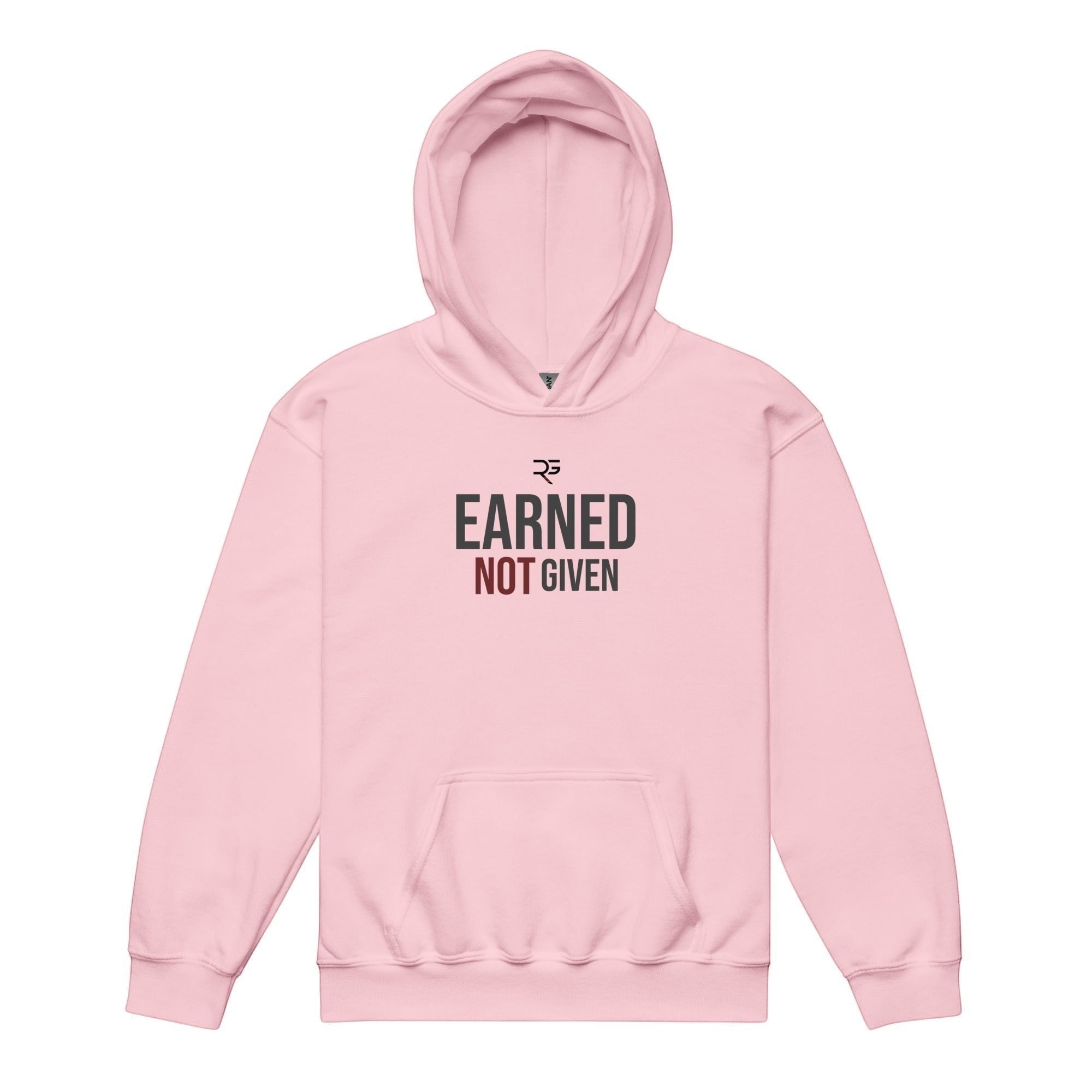 Roll Gear youth heavyweight pink hoodie with "Earned Not Given" graphic print. 50% cotton, 50% polyester.