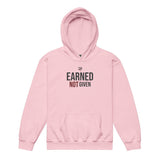 Roll Gear youth heavyweight pink hoodie with "Earned Not Given" graphic print. 50% cotton, 50% polyester.