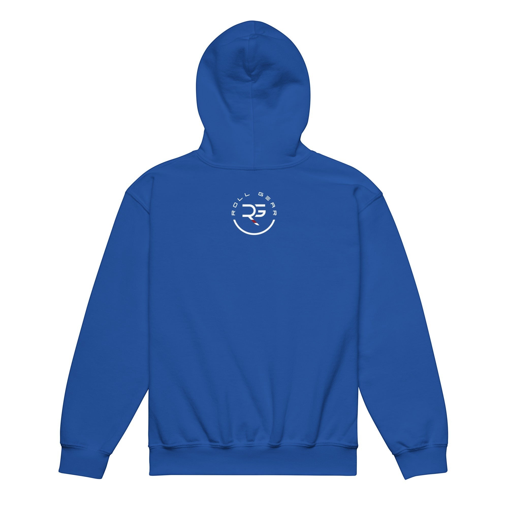 Roll Gear youth heavyweight hoodie in royal blue. Features a double-lined hood and front pouch pocket.