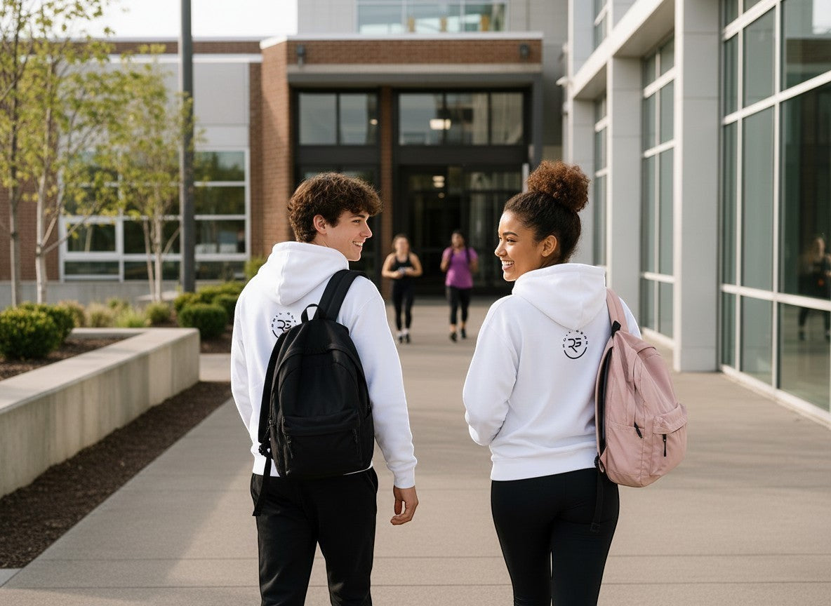 Roll Gear white youth heavyweight hoodie with "Earned Not Given" graphic on back, worn by a teen boy with a black backpack.