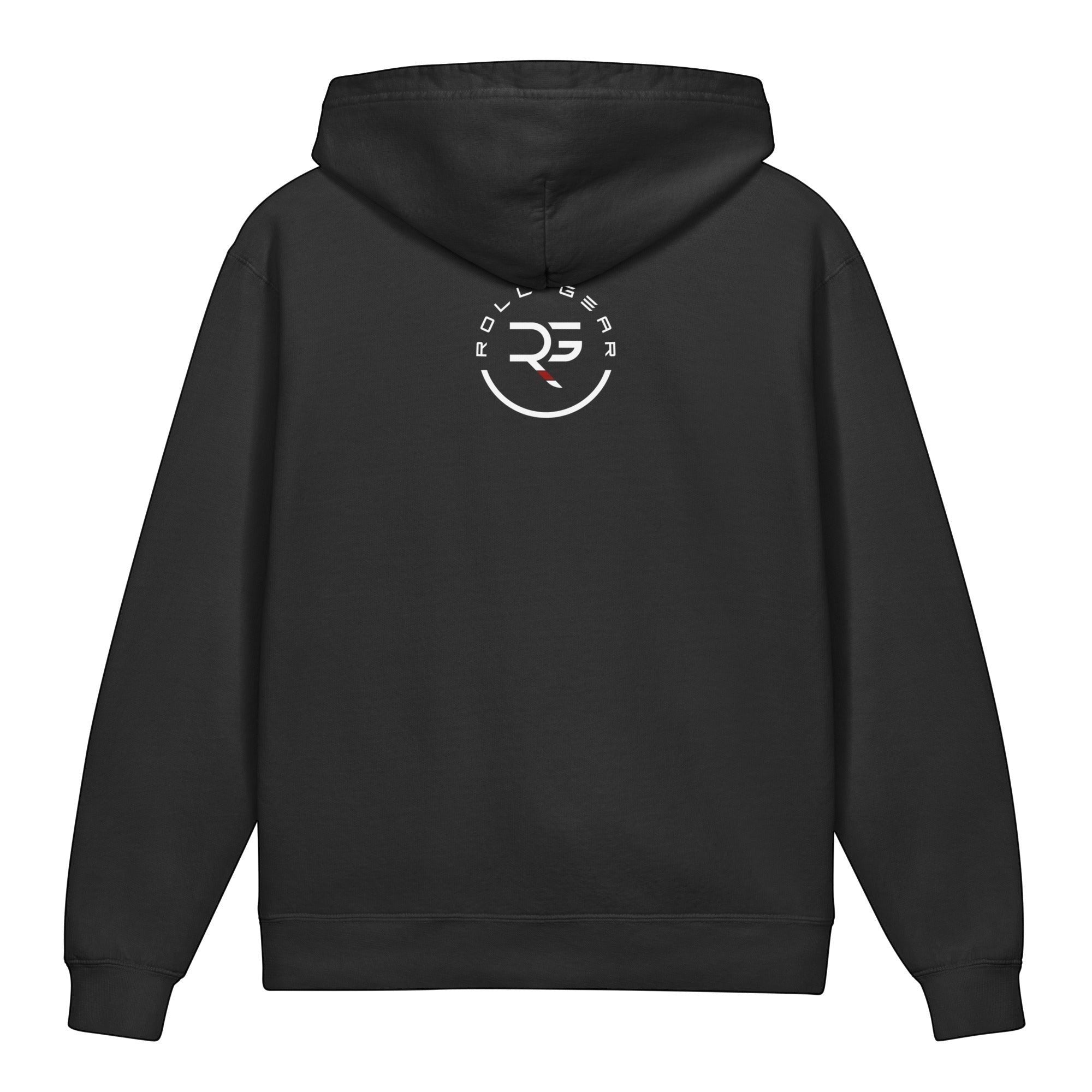 Roll Gear black youth hoodie with "Earned Not Given" graphic on back and logo on front. 100% cotton.