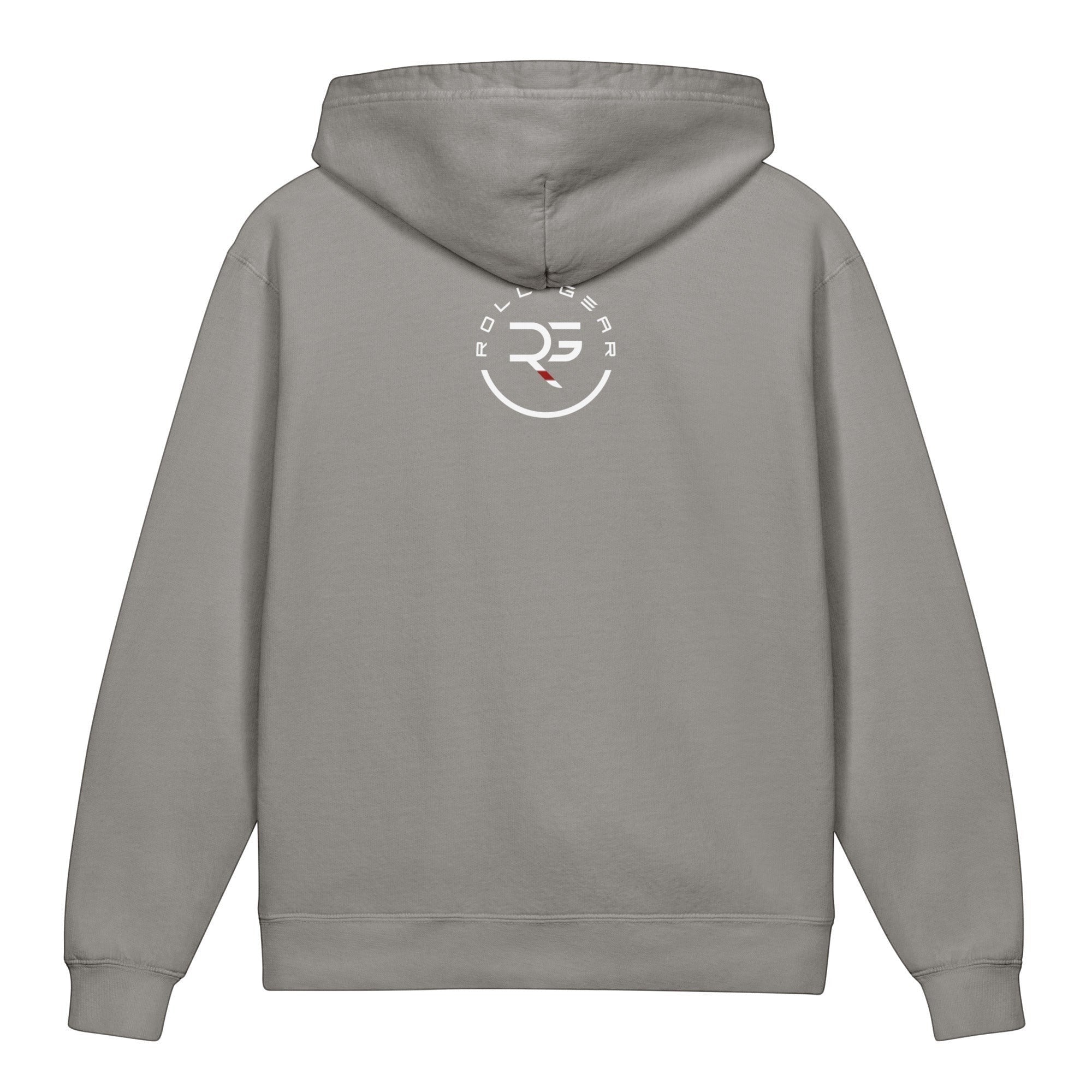 Roll Gear youth hoodie in grey, 100% cotton, lightweight with a relaxed fit and a graphic logo on the back.
